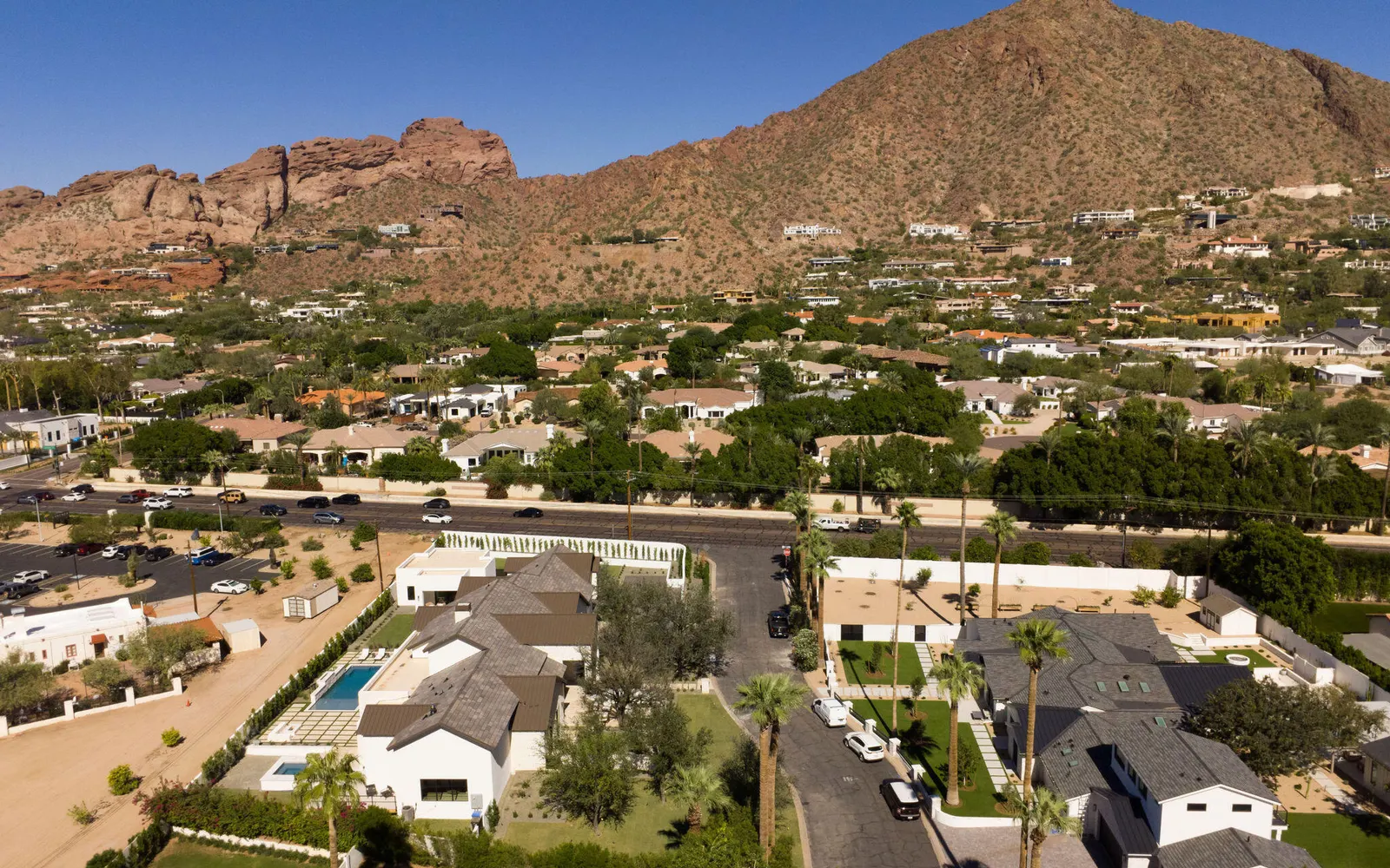 Aerial view of Arcadia homes and trees with Camelback Mountain